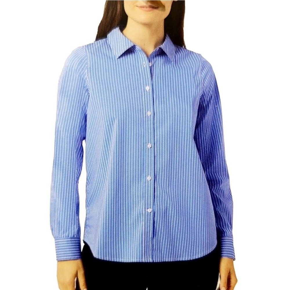 CHAPS Women's Easy Care No Iron Button Up Stretch  Blouse Blue Stripe, XL, EUC
